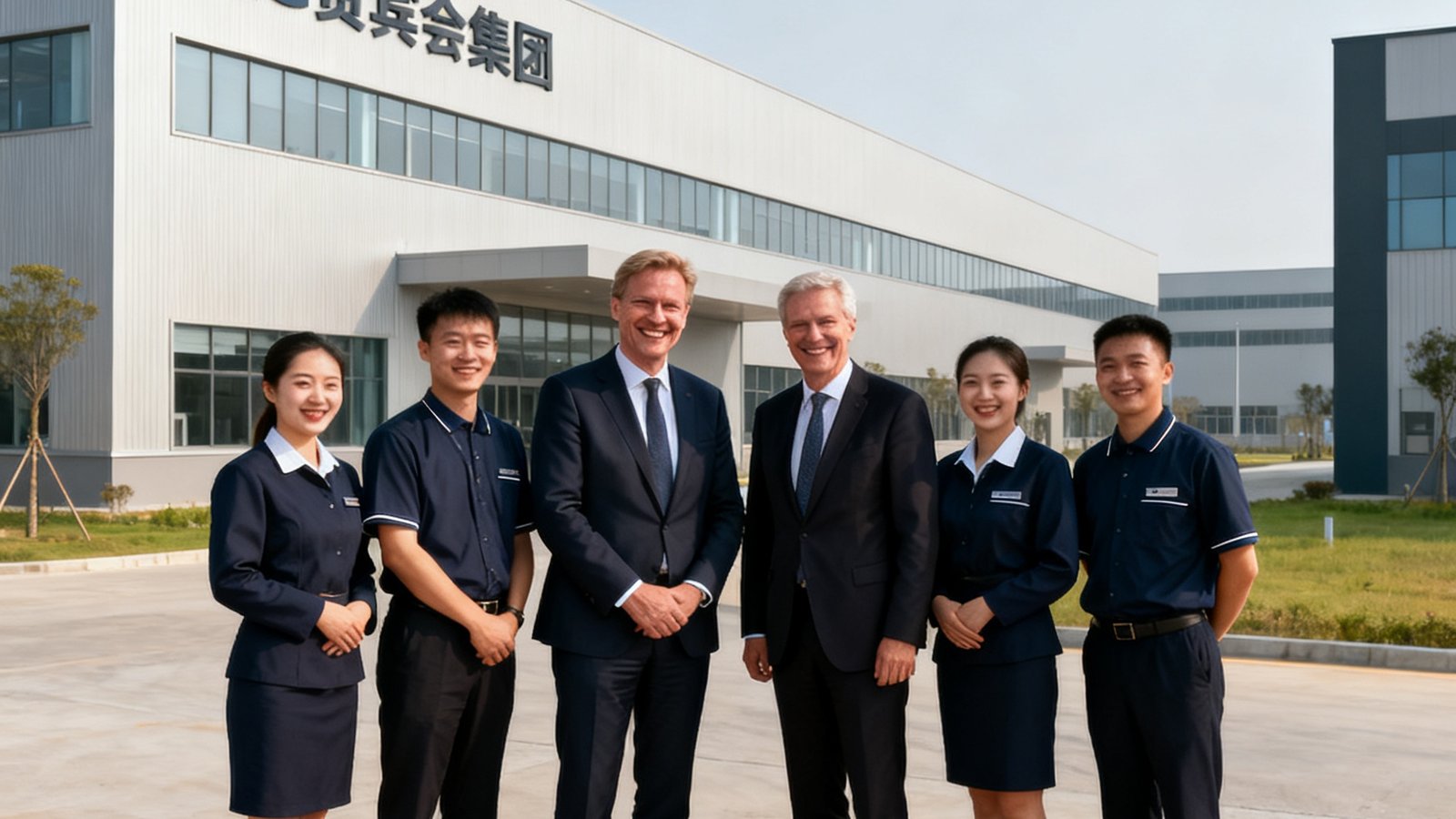 某德国精密制造企业CEO在长三角商务考察圆满结束后与AG贵宾会集团礼宾团队在工厂园区前合影留念，双方笑容满面